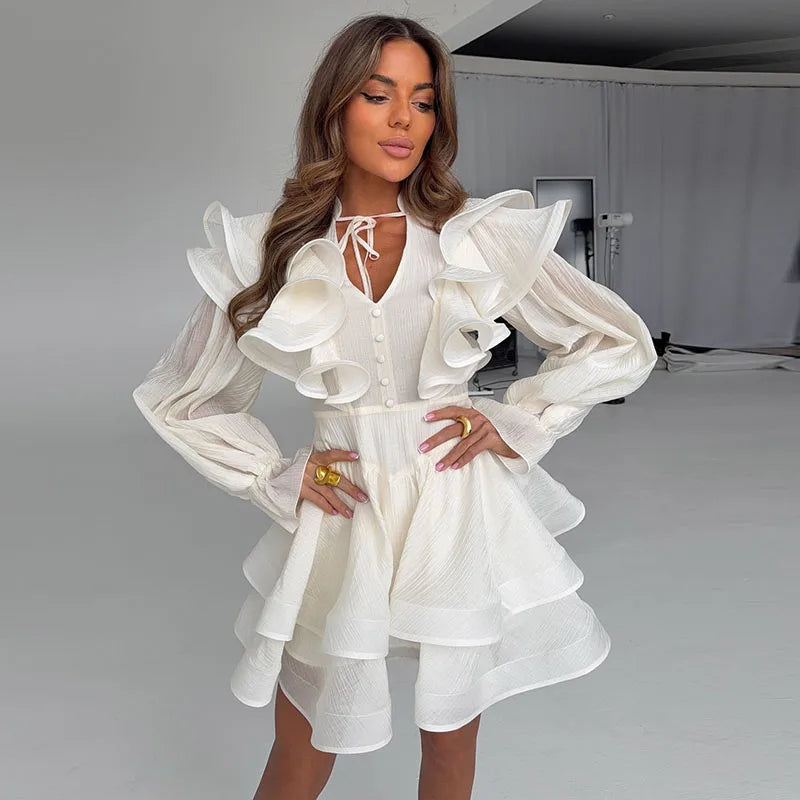 Elegant Floral Print Chiffon Dress Women's Backless Long Sleeve Ruffle Waist Cutout Tiered Dresses 2026 New Lady Party Wear
