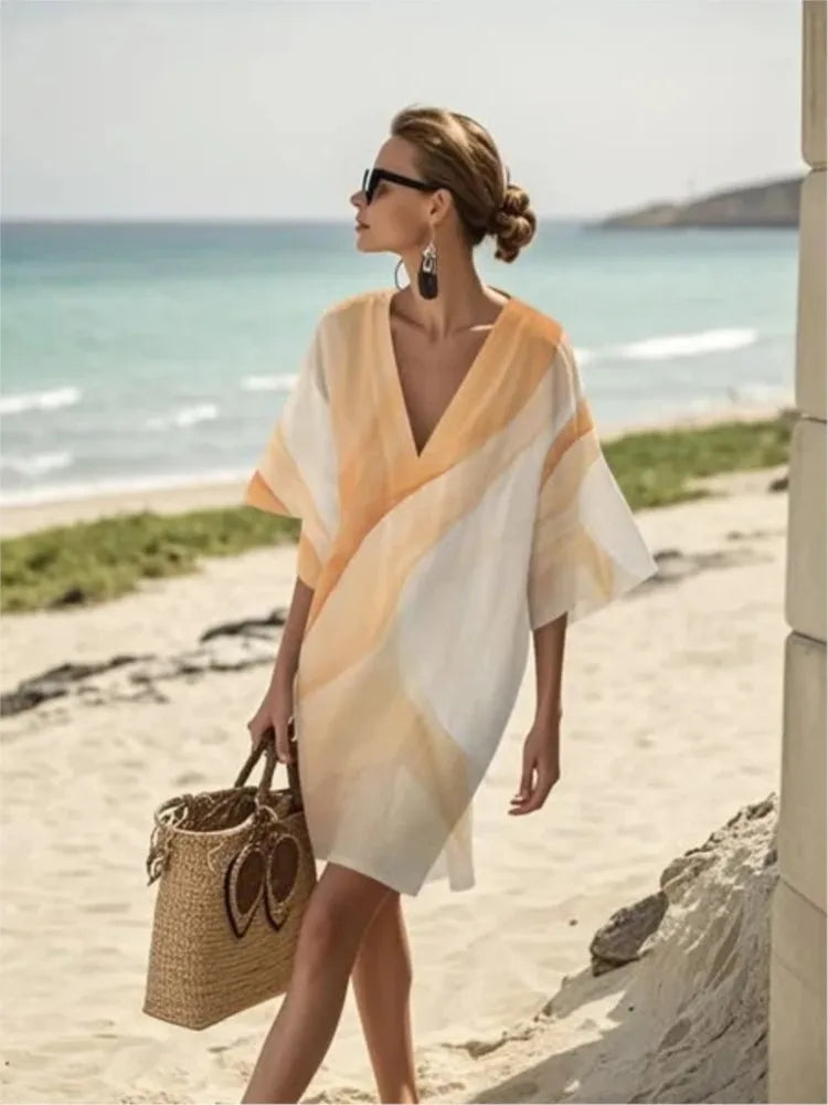 Fashion Retro Printed Short-sleeved Loose Women's Dress New Summer Style Deep V Neck Casual Seaside Vacation Female Dresses 2025