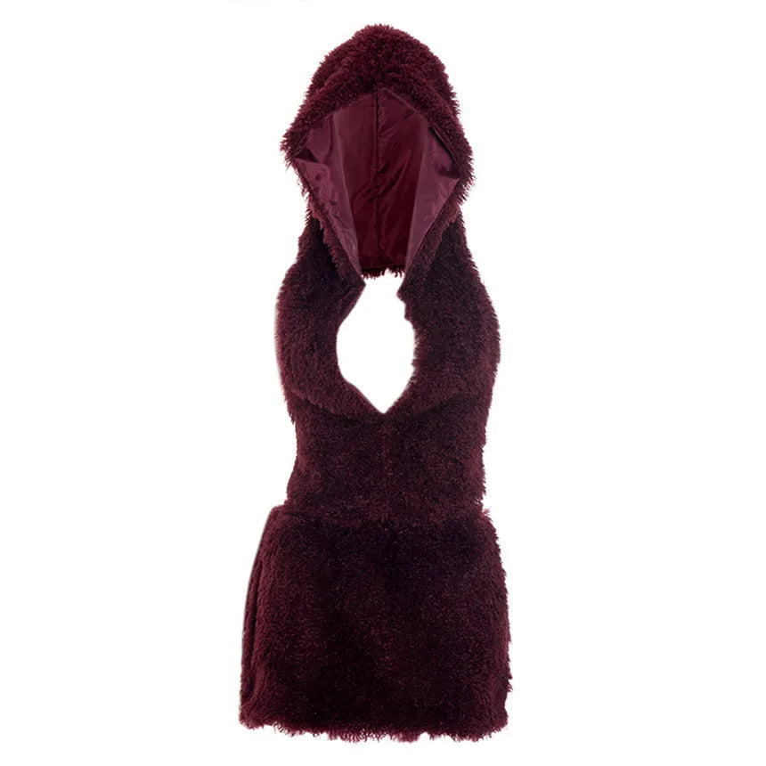 2026 Fall Winter Fashion Faux Fur 2 Piece Set Women Lace Up Backless Hooded Tank Tops + Bodycon Mini Skirts Casual Street Suits