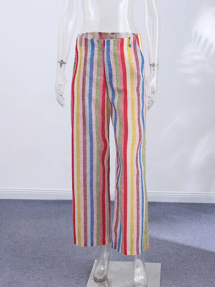 Colorful Striped Wide Leg Trousers Women Bohemian High Waist Multi-color Panelled Slim Straight Pants Fashion Lady Beachwear New