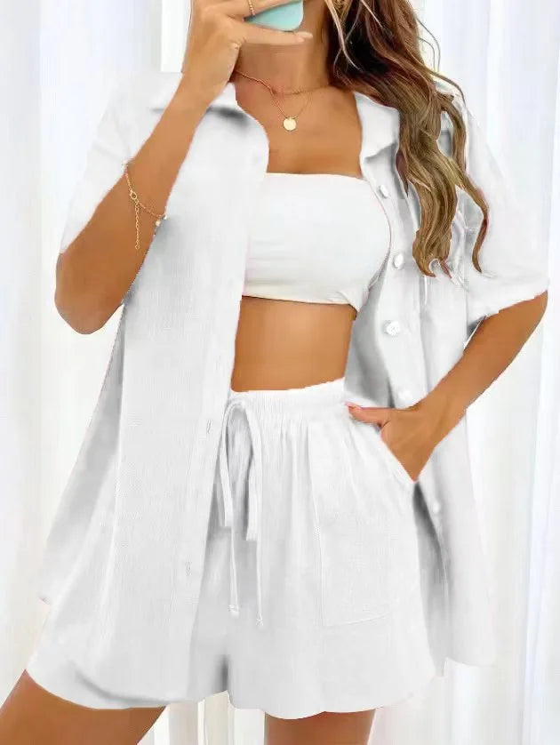 Solid Color Casual Fashion Loose Short Pants Sets For Women Elegant Summer Women's Long Sleeve Single breasted Two Pieces