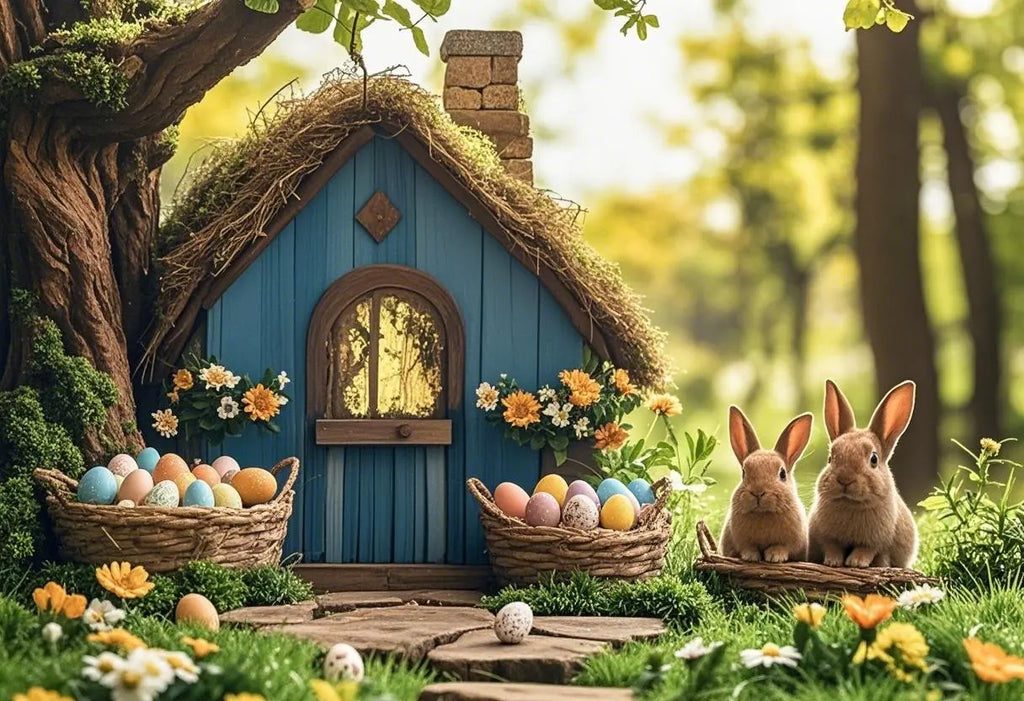 Happy Easter Day Photography Background Blue Wood Board Easter Egg Spring Flower Rabbit Kid Birthday Portrait Photocall Backdrop