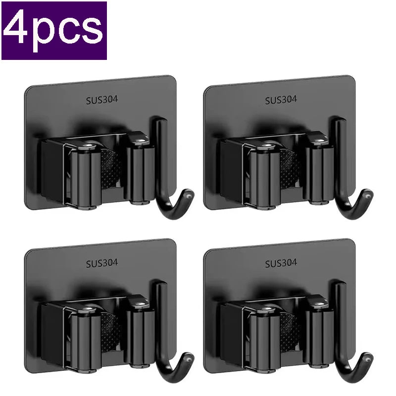 304 Stainless Steel Mop Clip Holder Bathroom Punch-free Mop Broom Brush Hanging Rack Strong Sticky Hook Wall Organizer Shelf