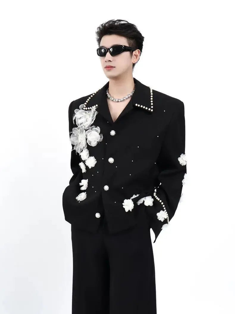 Flower Appliques Men's Jacket Spring Autumn Pearl Beading Lapel Coat American Fashion High Street Male Gorgeous Jackets