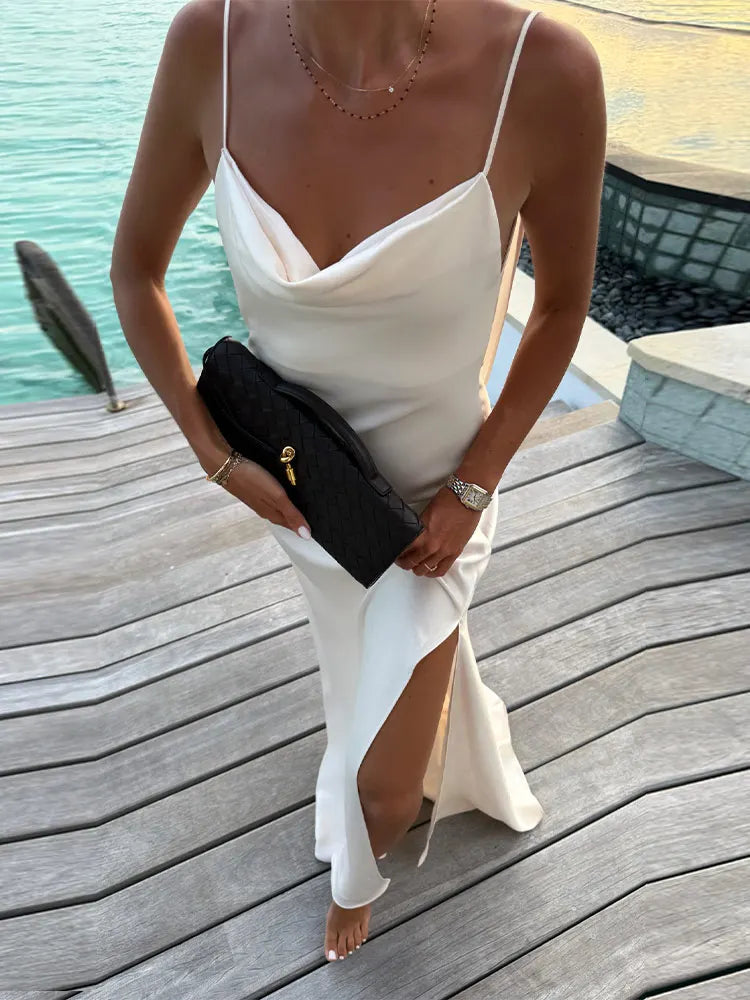 Backless Satin Long Sling Dress Women V Neck Sleeveless Slit Solid Sexy Party Dresses 2026 Summer Lady Vacation Evening Robes