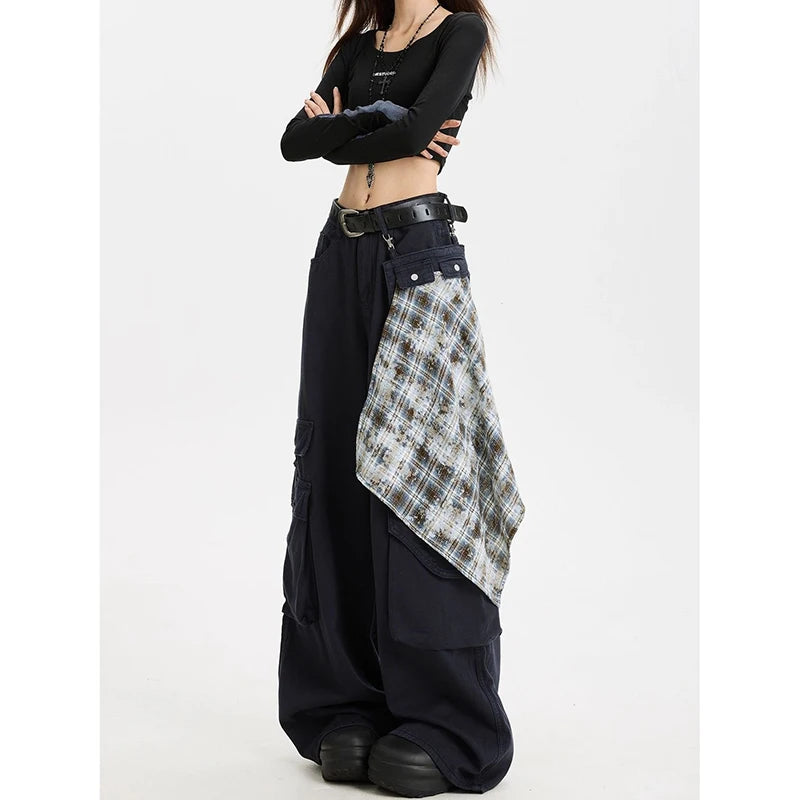 ZHIZOU Women Black Baggy Y2k Cargo Jeans Japanese 2000s Style High Waist Jean Pants Vintage Harajuku Oversize Denim Trousers
