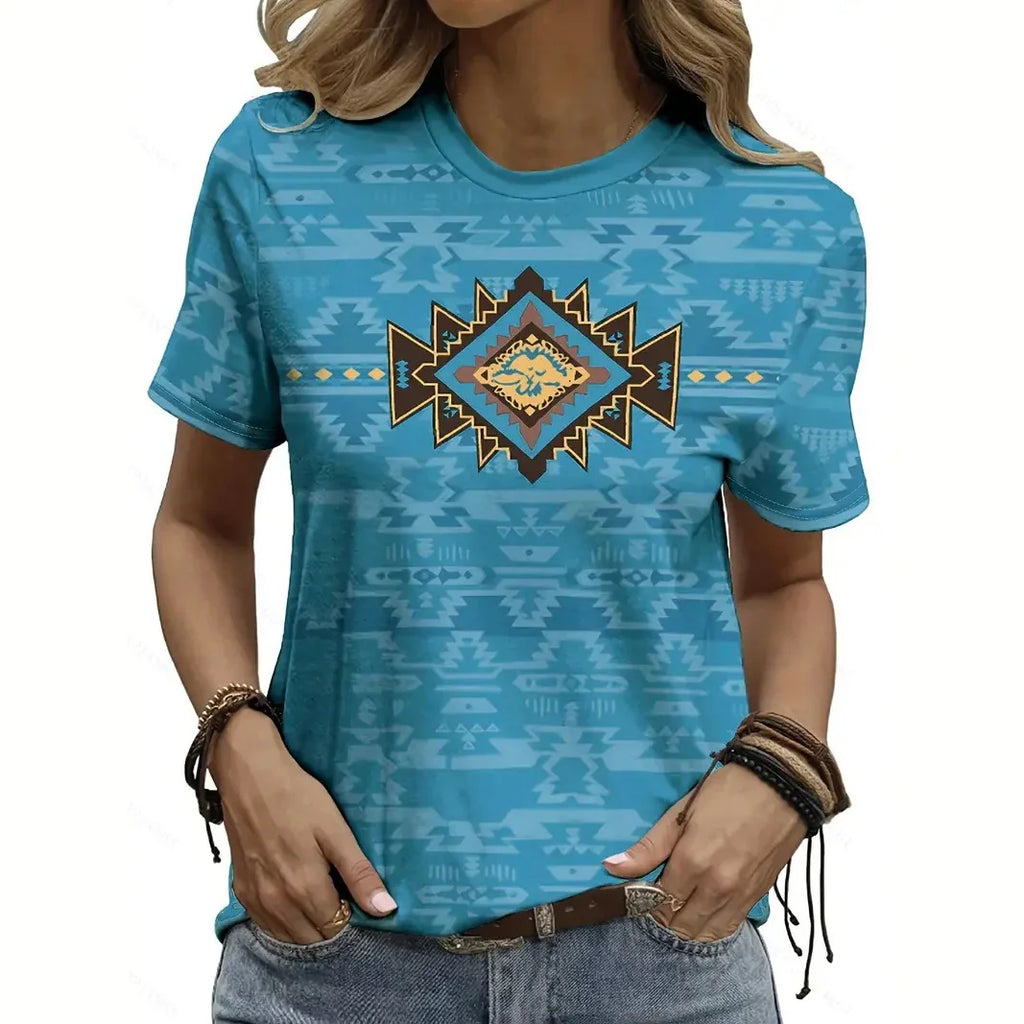 Vintage Ethnic T-Shirts Geometry 3D Print Women Casual Short Sleeves T Shirt Streetwear Y2k Harajuku Tees Tops Female Clothing