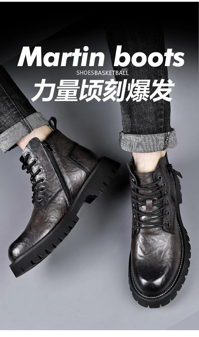 2025 autumn and winter boots men's British style versatile high top leather shoes workwear snow leather boots men's short boots