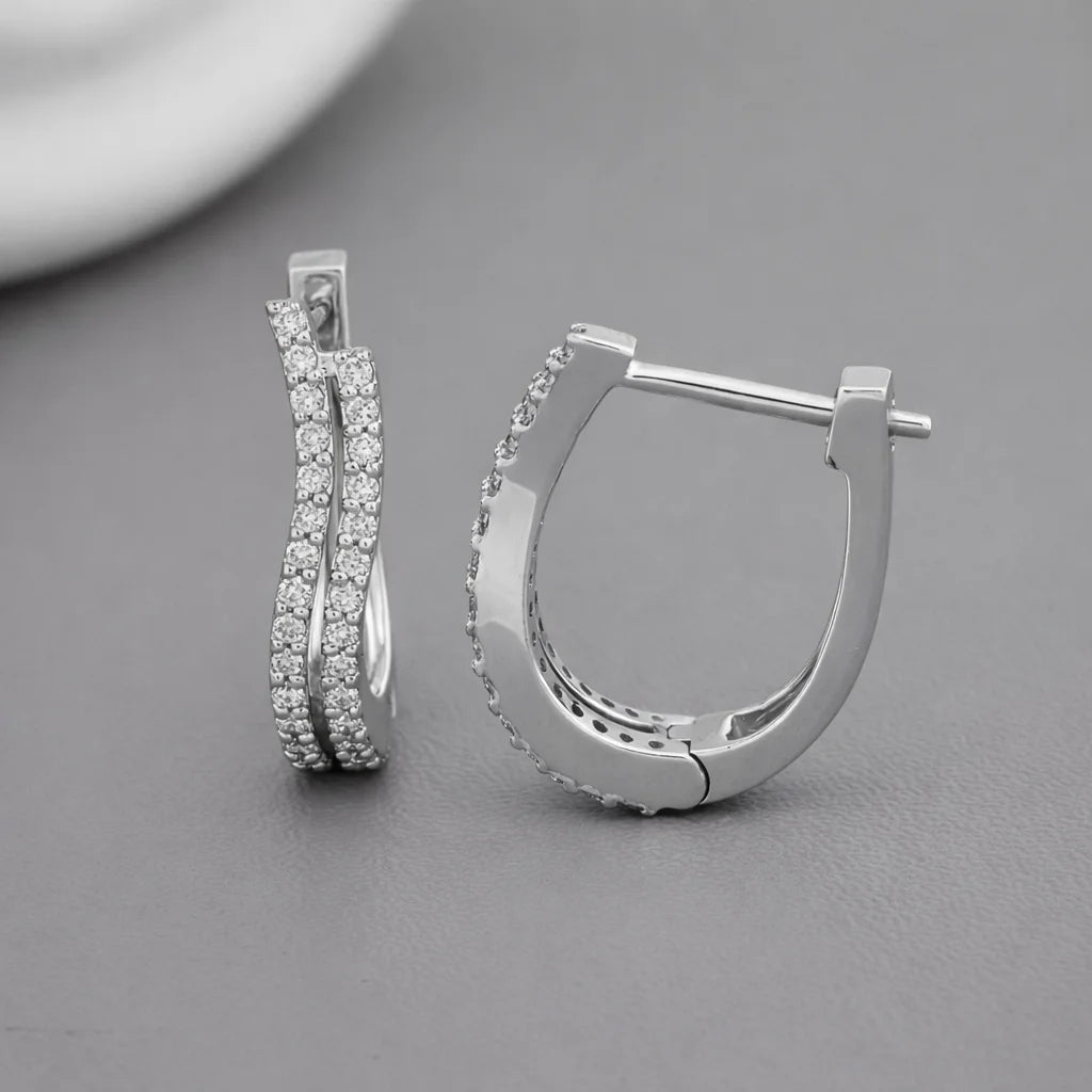 IGI Certified Lab Grown Diamond Double Row Hoop Earrings 18K Rose Gold / Yellow Gold / White Gold Curved Pave Diamond Hoops
