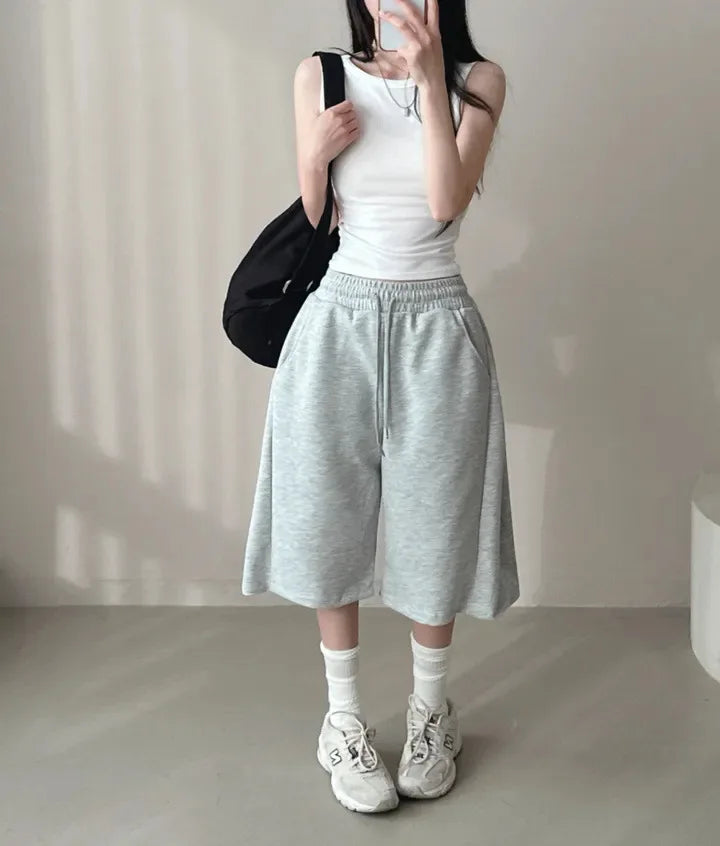 Summer Drawstring Wide Leg Shorts Women Fitness Running Loose Casual Large Sports Shorts Sweat Short High Elastic Lace Up Pants