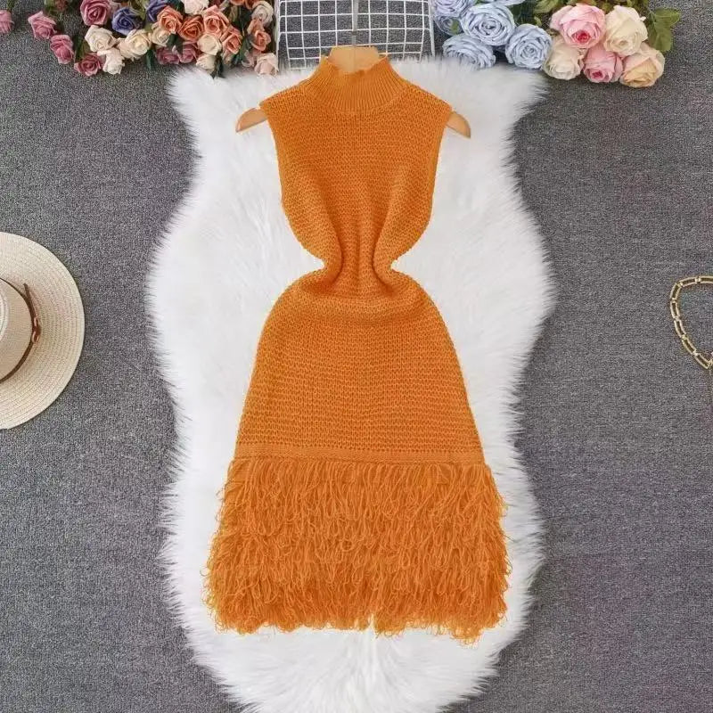 Super Elastic Fashionable Exquisite Versatile Comfortable Tassel Hem Round Neck Sleeveless Crochet Bodycon Dress