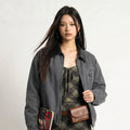 Maden Women’s Cotton Grey Detroit Jacket with Faux Leather Collar Short Solid Loose Zip Coat Spring Fall Casual Femal Outerwear