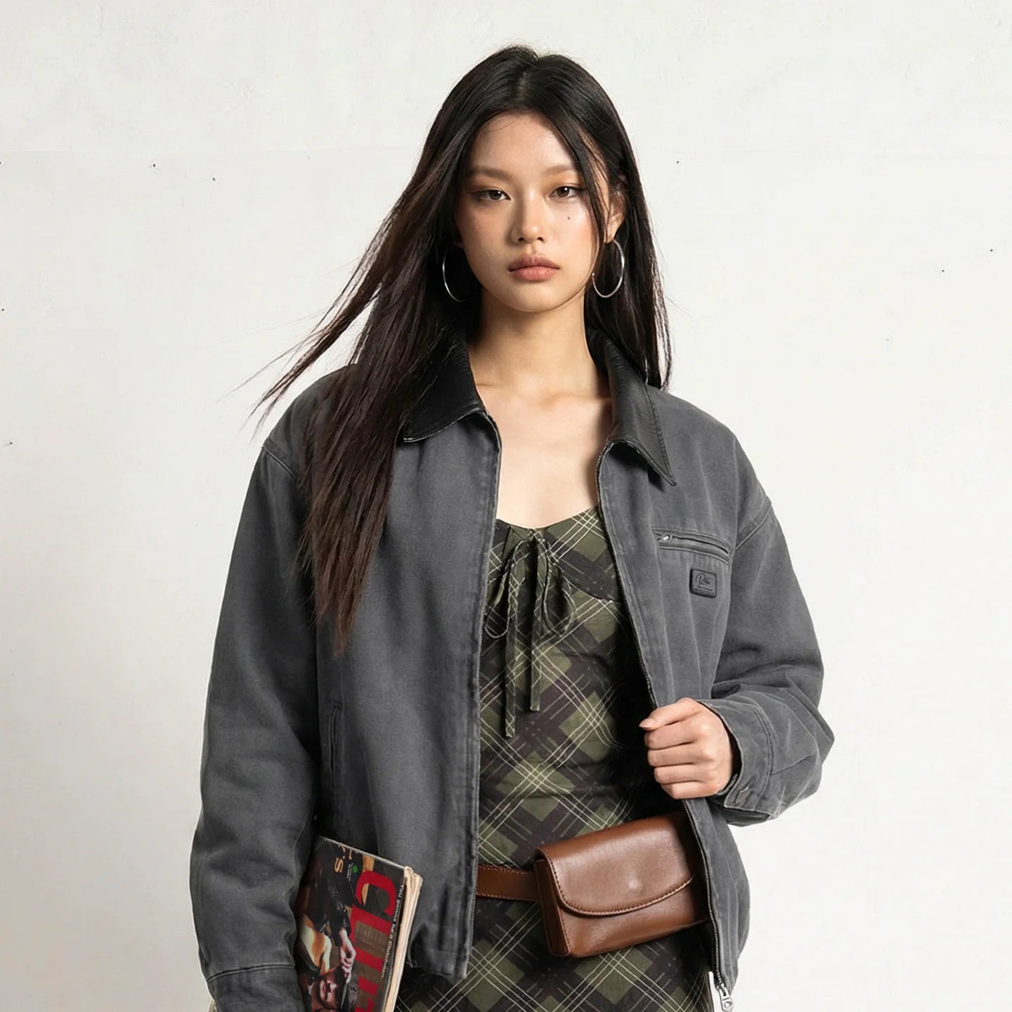 Maden Women’s Cotton Grey Detroit Jacket with Faux Leather Collar Short Solid Loose Zip Coat Spring Fall Casual Femal Outerwear
