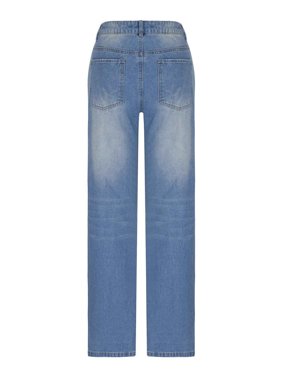 Women Men Denim Pants Casual Ripped Loose Straight Leg Jeans Trousers Trendy Bottoms for Streetwear