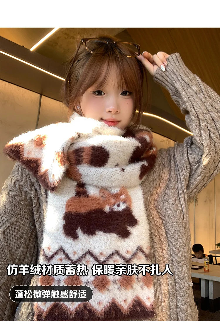Japanese Cute Lolita Cartoon Red Panda Plush Scarf Female Autumn Winter Thickened Warm Versatile Maillard Neck Scarf 2025 New