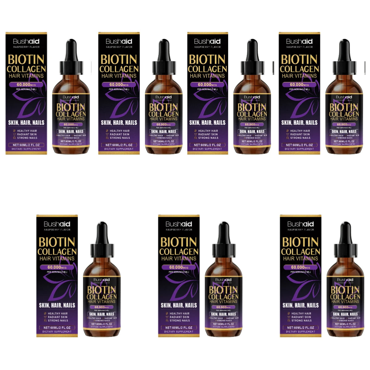 BushAid Biotin Collagen Hair Vitamins Liquid Drops Supports Strong Hair Structure and Helps Maintain Nail Toughness 60ml