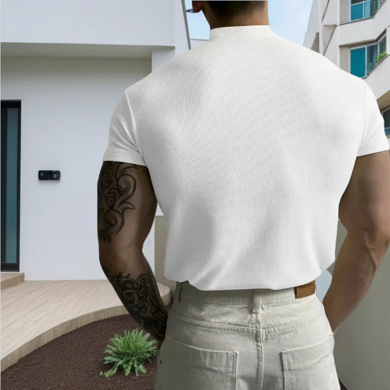 Spring Summer Elastic Comfortable Men's T-Shirt Small High Collar Stripe Shirt Short Sleeve Fitness tops Sports Casual T-Shirt
