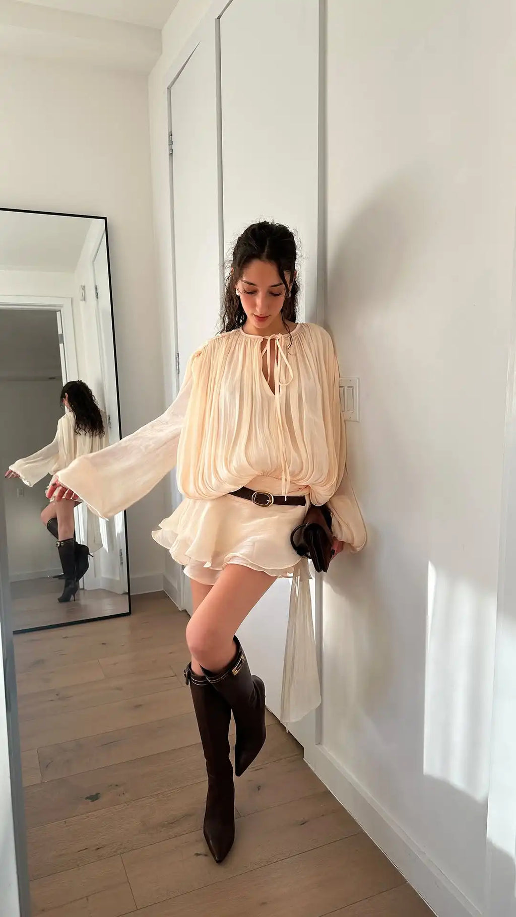 Female Fashion Long Flare Sleeves Lace Up Mini Dress Elegant Chiffon Ruffle High Waist Vestidos New 2025 Autumn Woman Party Wear