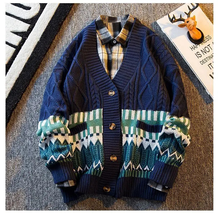 2023 New Autumn and Winter Retro Patchwork Diamond V-neck Color Matching Loose and Handsome Casual Knitted Cardigan for Men