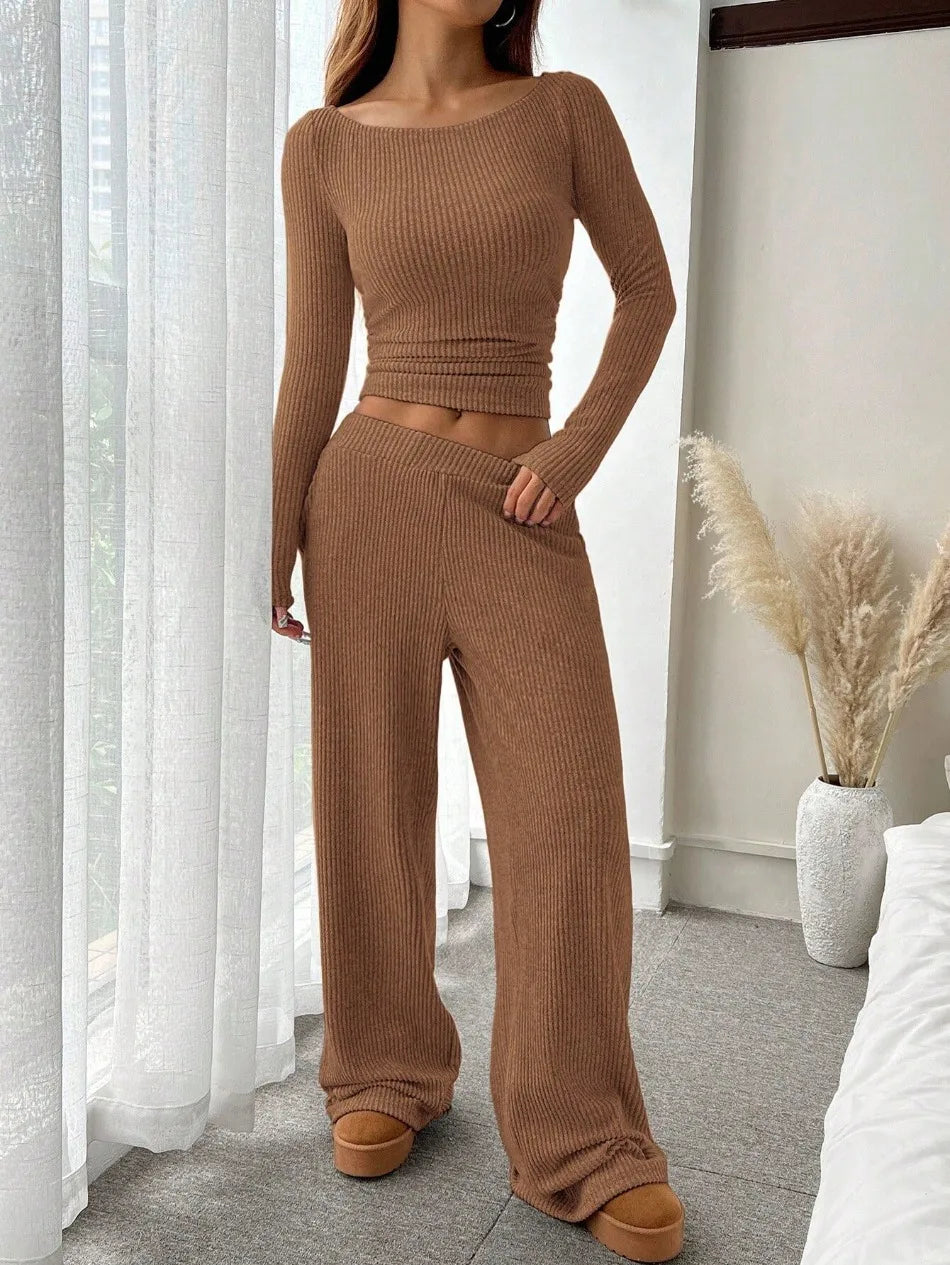 Solid Color Casual Loose Pants Sets for Women Elegant Women's Two Pieces Suit Full Trouser Set Female Outfit Clothes   Homewear