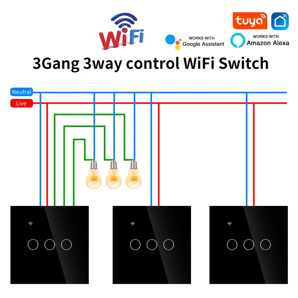 3way Wifi Switch 1/2/3gang Touch Light Switches With Tempered Glass Support Tuya Smart Life APP Voice Control For Stairs Bedroom