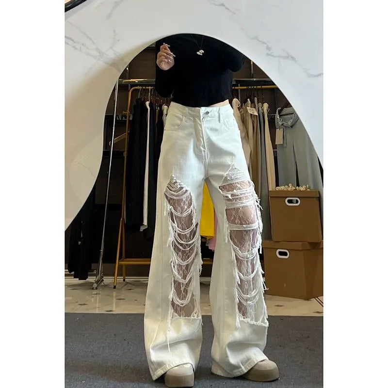 ZHIZOU Women's White Ripped Denim Pants Y2K Harajuku American High Street 2000s Wide Leg Retro Denim Jeans Boyfriend Clothing