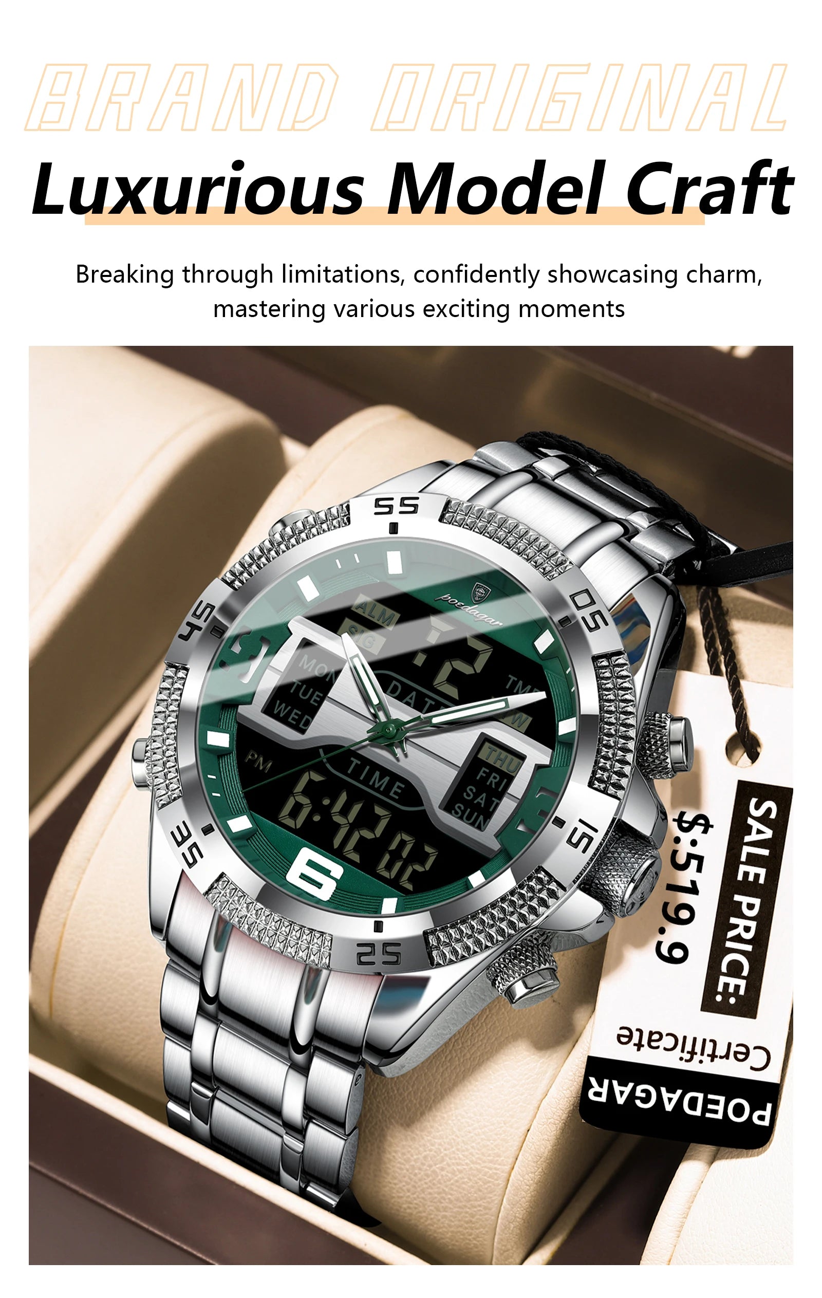 POEDAGAR LED Luxury Men Watch Sports Dual Time Display Digital Luminous Week Date Man Wristwatch Electronic Quartz Men's Watches