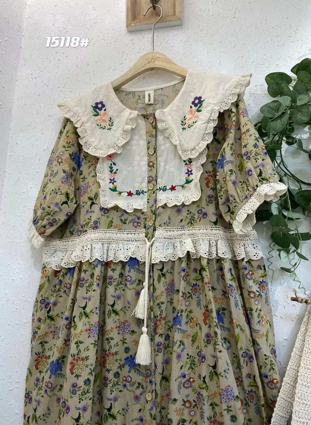 Vintage Embroidery Art Print Kawaii Dress Women Japanese Mori Girl Peter Pan Collar Patchwork Cotton Linen Dress Loose Vestidos