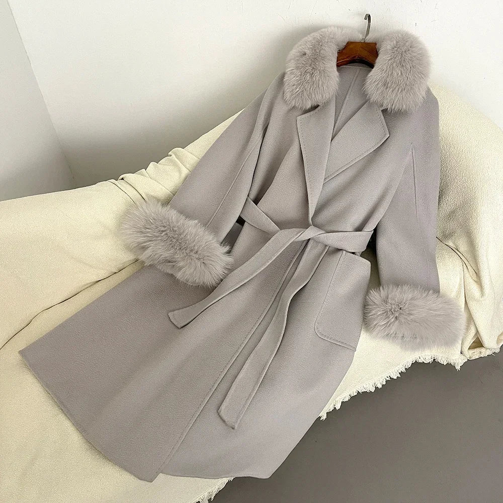 Fox Fur Coat for Women Wool Woolen Natural Real Fox Fur Collar Winter Jacket Ladies Belt Warm Outerwear Streetwear 2024
