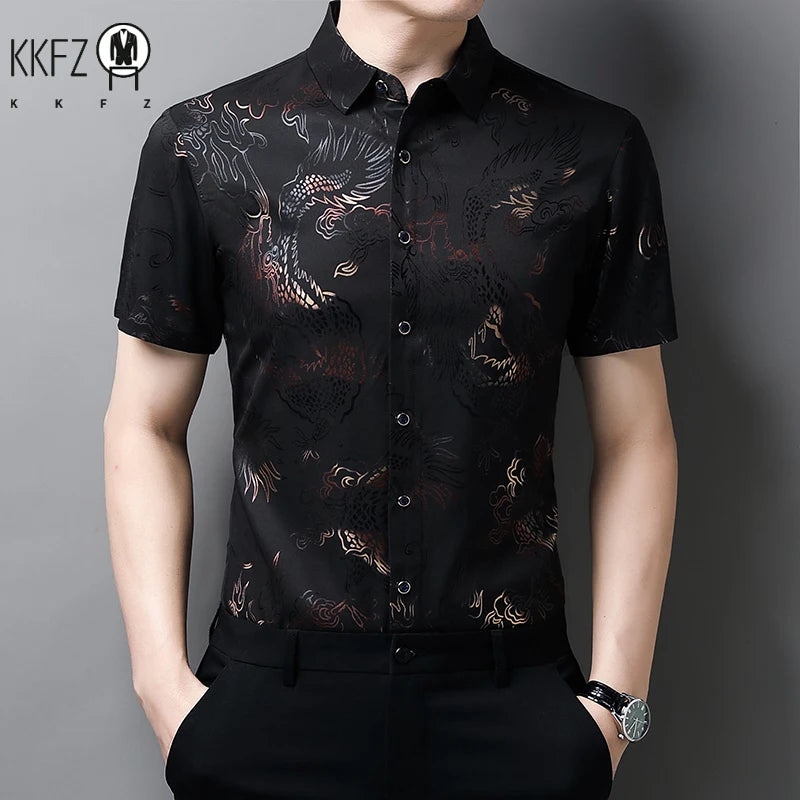 New Men's Casual Printed Short Sleeved Lapel Shirt for Summer Fashion Comfort No Ironing Wrinkle Resistant Top
