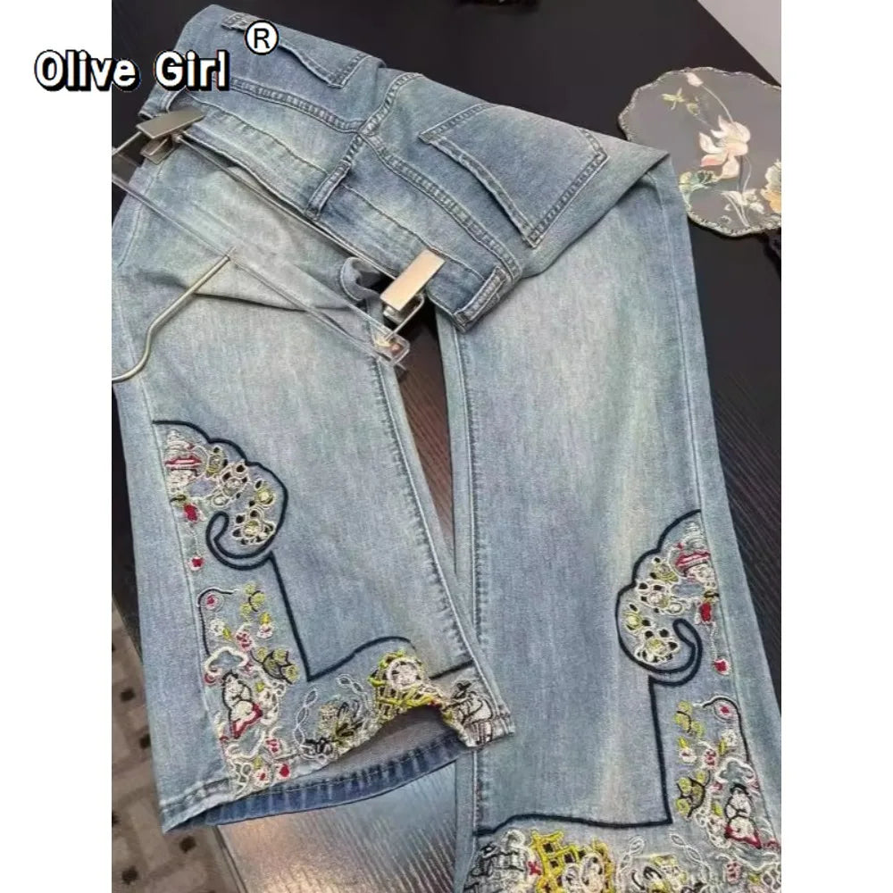 Jeans Casual Embroidered Wide Leg Jean Women's Pant Clothing 2026 Spring Trouser Summer High Waisted Elegant High-end