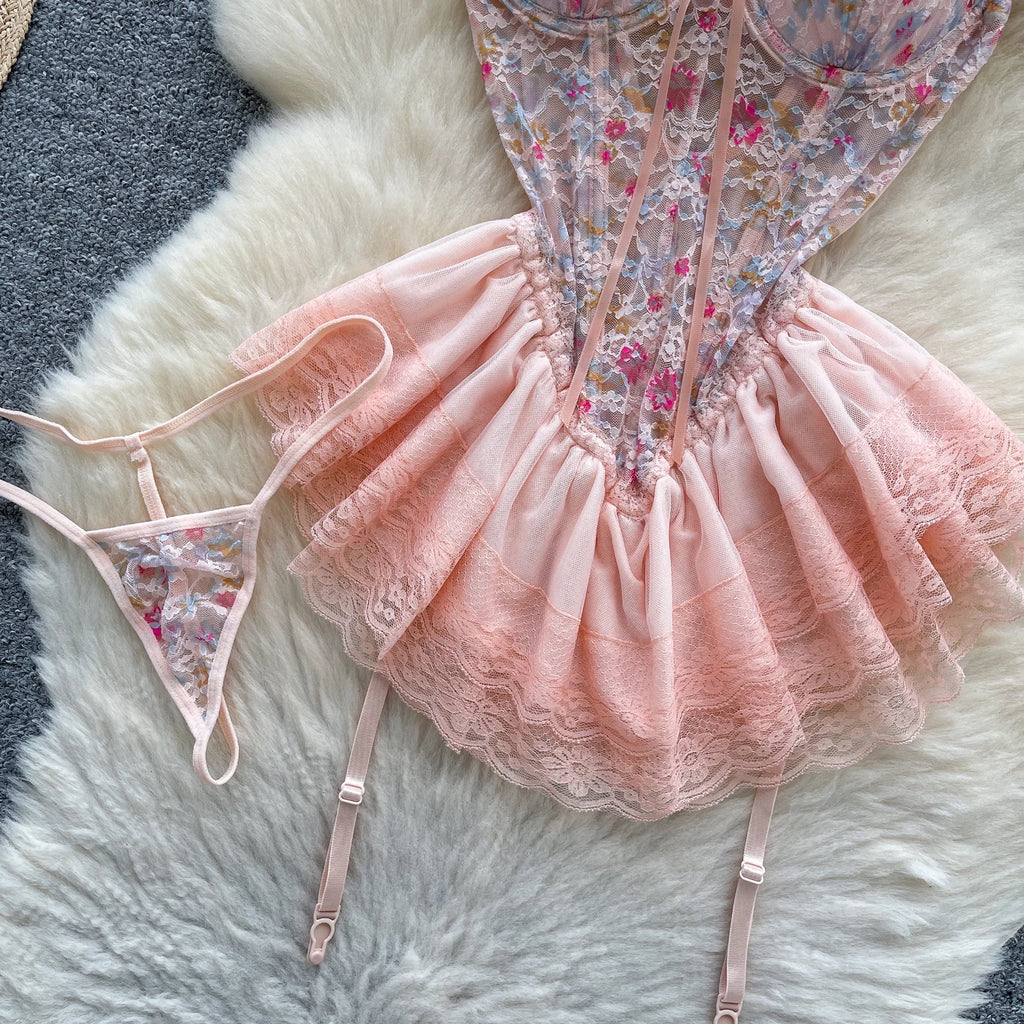 SINGREINY Strap Corset Lingerie Nightdress New Sleeveless Slim Floral Print Mini Nightwear Shapewear Mesh Lace Erotic Mini Dress