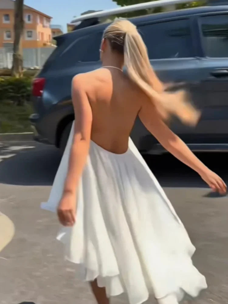 French Romantic White Halter Neck Mini Dress Women Elegant Sleeveless Chiffon High Low Hem Gowns Summer Bridal Shower Party Wear