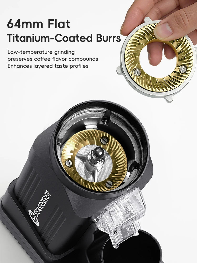 STARSEEKER E64 Electric Coffee Grinder 64MM Espresso Titanium Flat burr Stepless Fineness Adjustment Home Bean Grinder Black