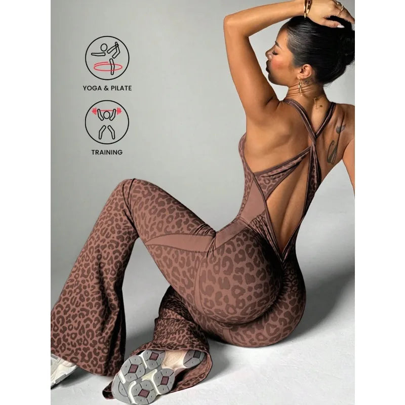 Women Leopard Print Cross Back Flared Jumpsuit Seamless Butt Lifting Yoga Bodysuit High Elastic Workout Fitness Sports Jumpsuit