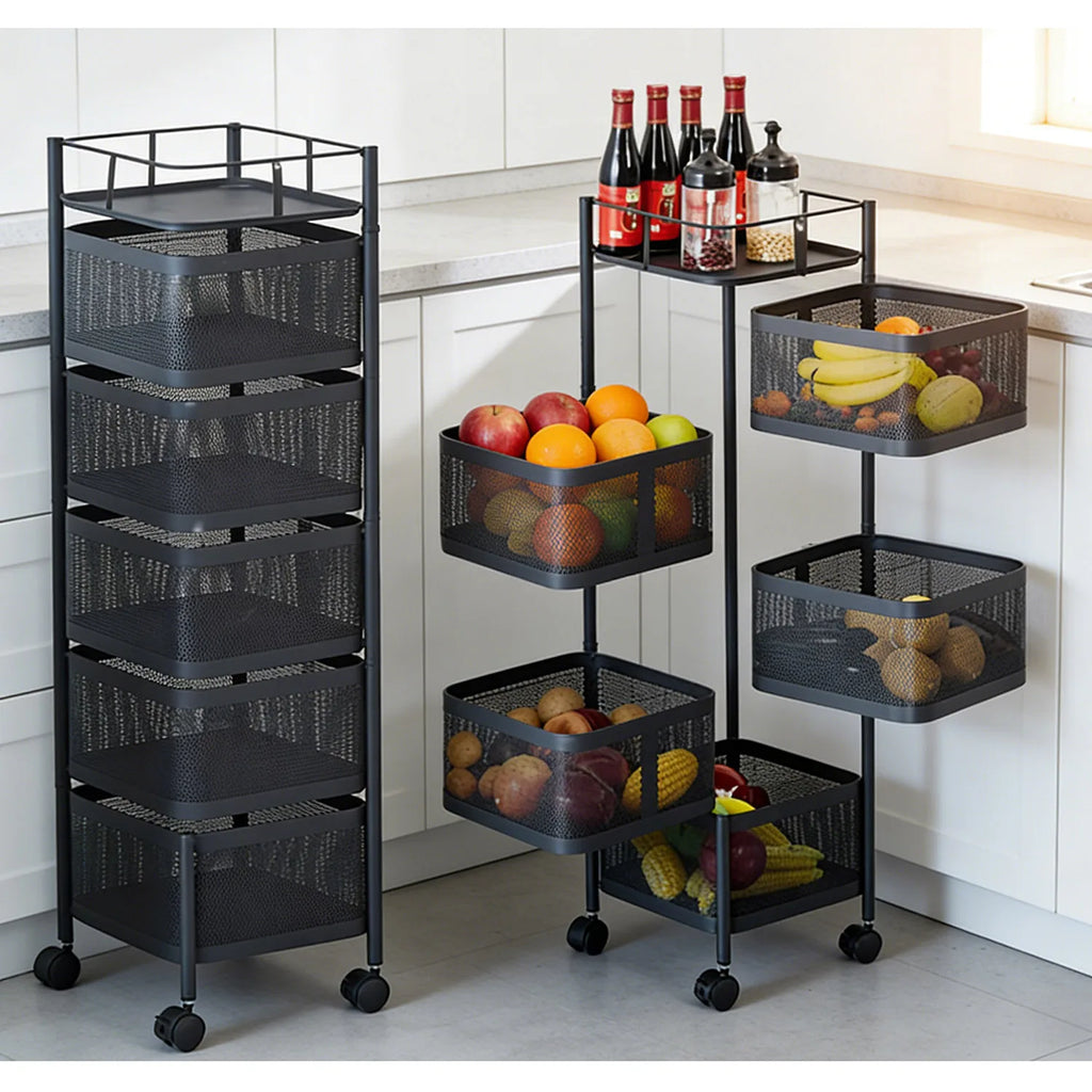 5-Tier Rolling Storage Cart with Rotating Baskets, Fruit & Vegetable Baskets Rotating Snack Rack for Kitchen Bathroom Craft Room