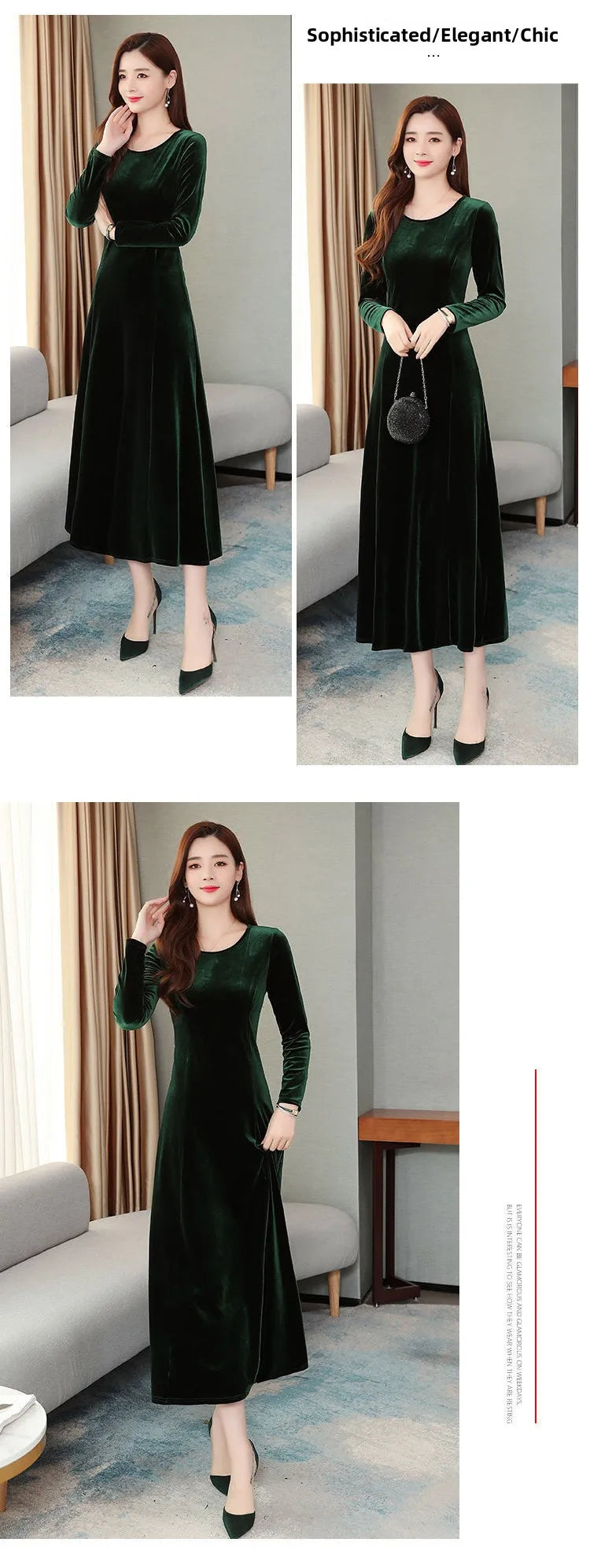 Elegant Long Velvet Dress Women's Autumn Winter New Style Knee-Length A-Line Skirt Polyester Fabric Regular Sleeve round Neck