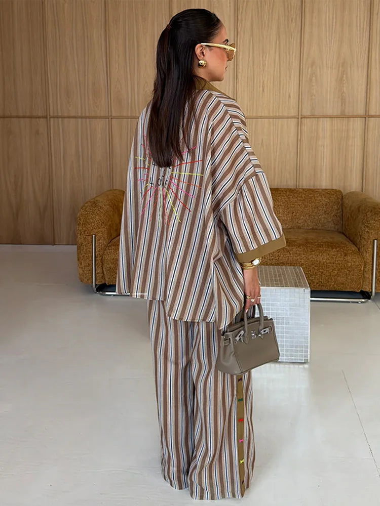 Loose Striped Contrast Wide Leg Pants Set Women Oversized Lapel Single Breasted Shirt Trousers 2026 Summer Lady Casual Outfits