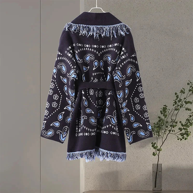 Casual Print Tassel Cardigan Women Elegant Belt V-neck Long Sleeve Knitted Sweaters Female 2026 Autumn Winter Knitwears Lady