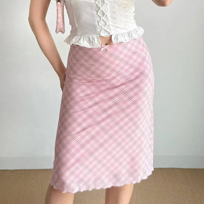 2026 Summer Vintage Midi Plaid Striped Print Skirts Women Sweet Loose Pleated Ladies Skirt High Waist Korean Style Woman Skirts