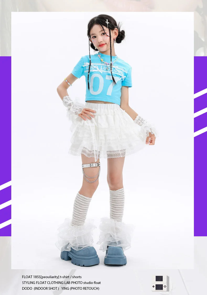 Kid Cute Hip Hop Clothing BLue Crop T Shirt Sleeves White Layered Lace Pleated Mini Skirt for Girls Jazz Dance Costume Clothes
