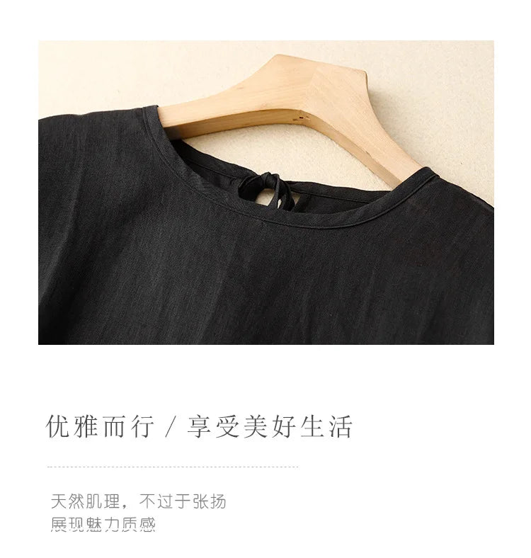 Summer Cotton Linen Blended Thin And Breathable Dress Women Literary Big Swing Short Sleeve Solid Loose Casual Female Dresses