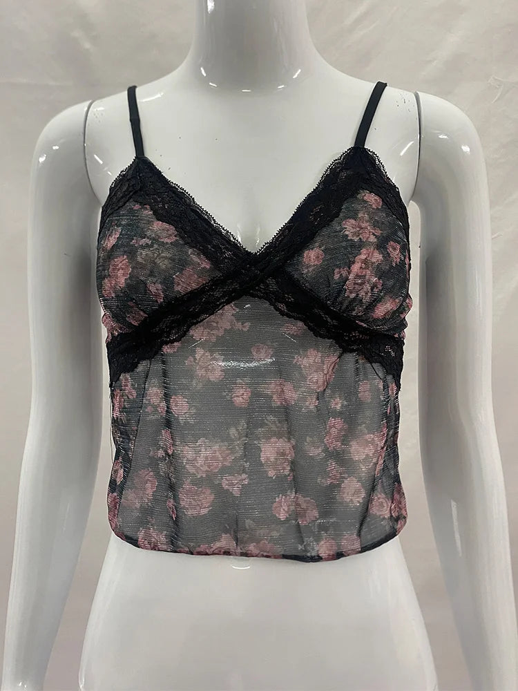 Summer women's retro floral vest with lace trim, V-neck adjustable sexy short vest, suitable for daily street casual Y2K vest