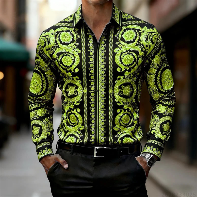 Men's Shirt Luxury Baroque Style Gold Pattern Long Sleeve Shirt Fashion Slim Palace HD Print Shirt AliExpress Hot Sale XS-6XL