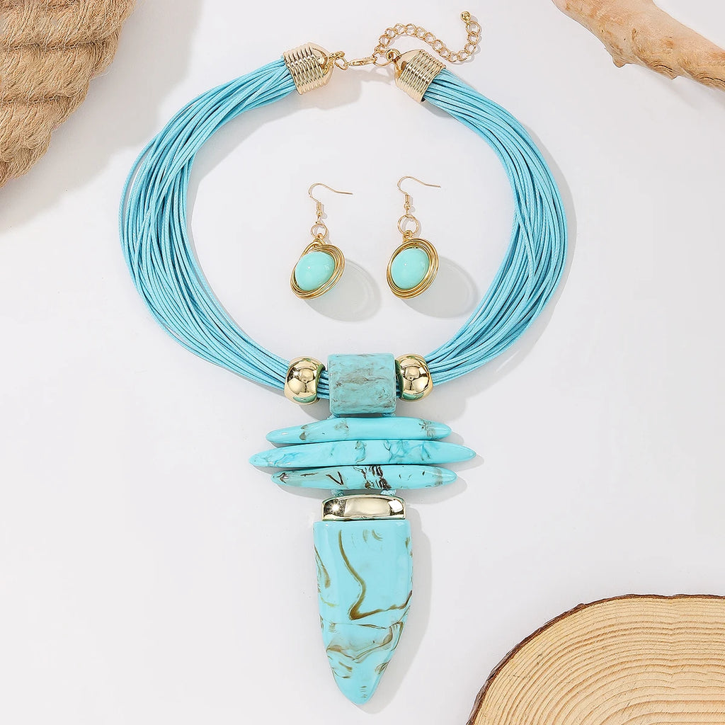 Western Jewelry Set Fashion Irregular Imitation Turquoise Wax Rope Statement Necklace And Earrings Women's Party Accessories