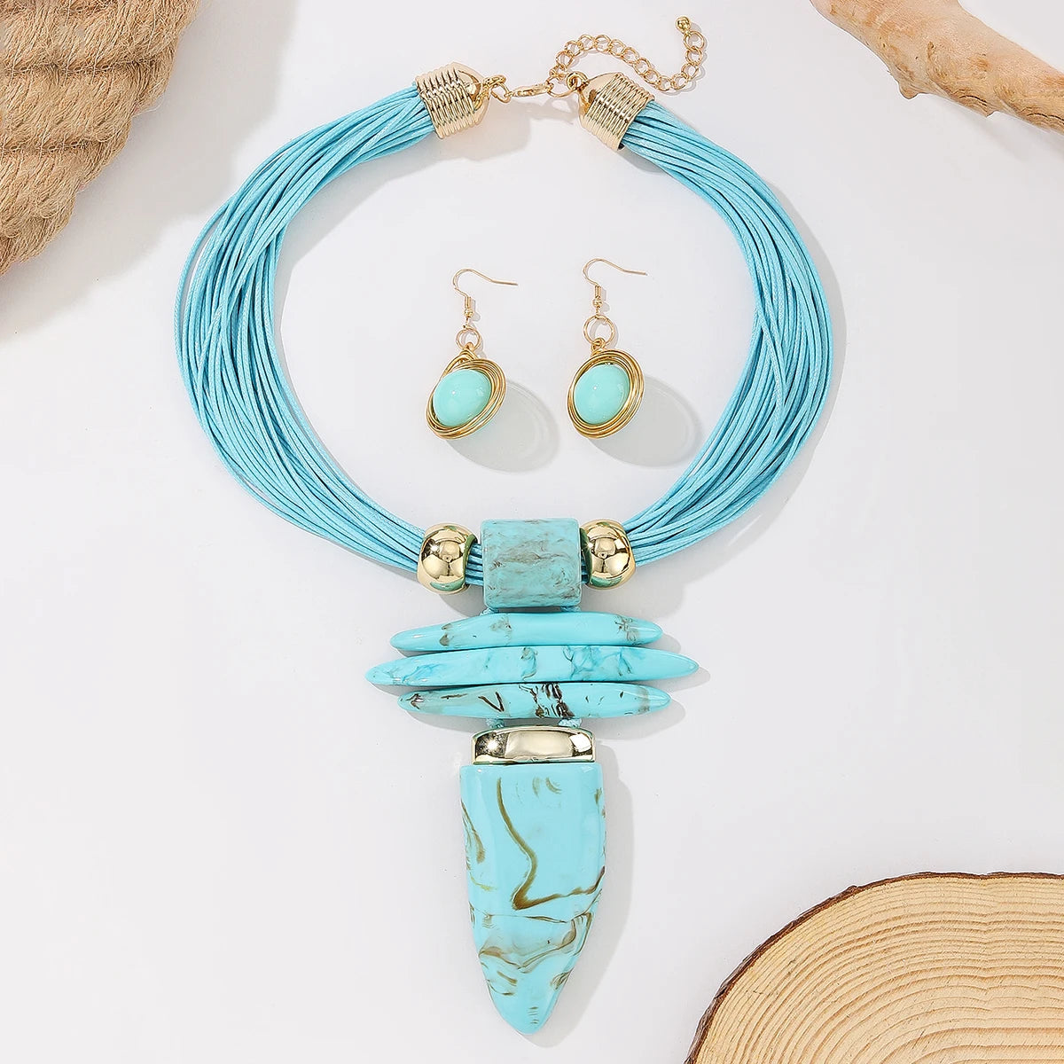 Western Jewelry Set Fashion Irregular Imitation Turquoise Wax Rope Statement Necklace And Earrings Women's Party Accessories