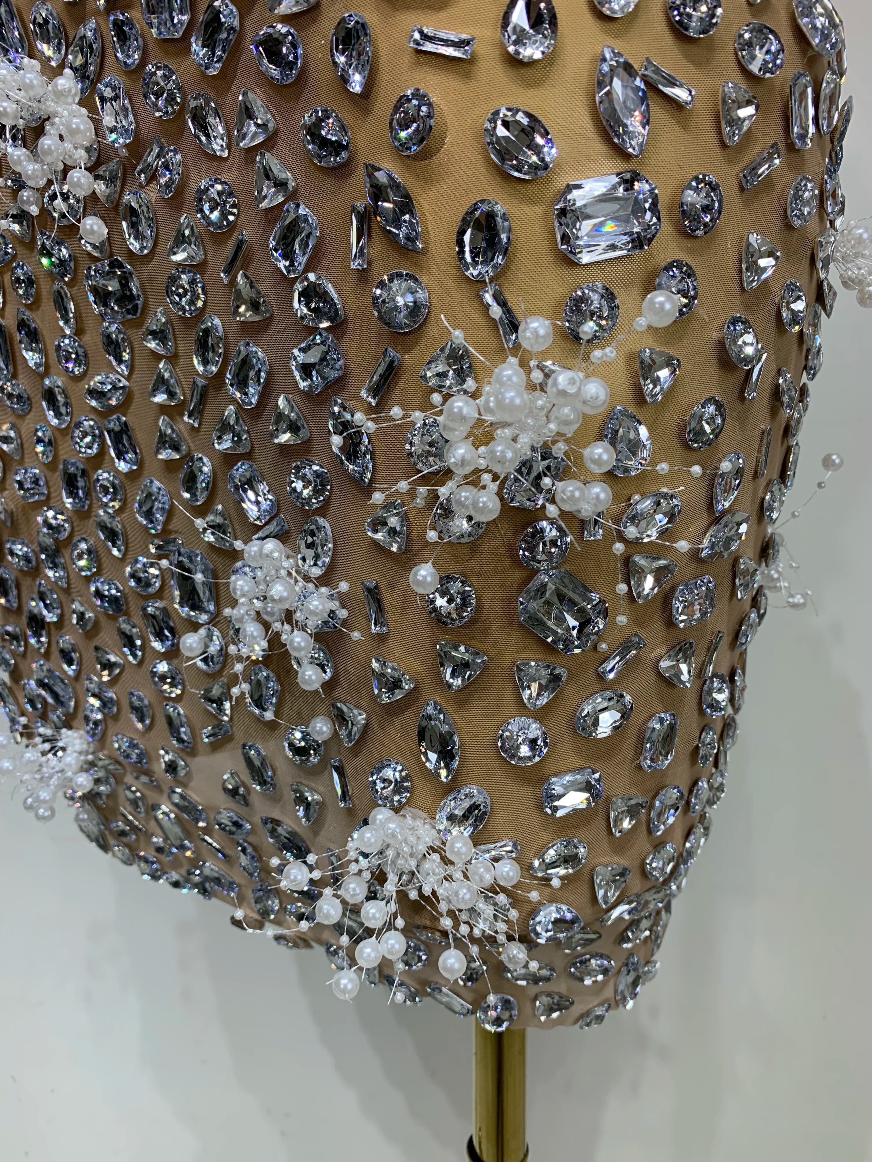 High Quality Sparkling Rhinestone Sexy See Through Blackless Top Skirt Two Pieces Set Woman Luxury Birthday Evening Party Gowns