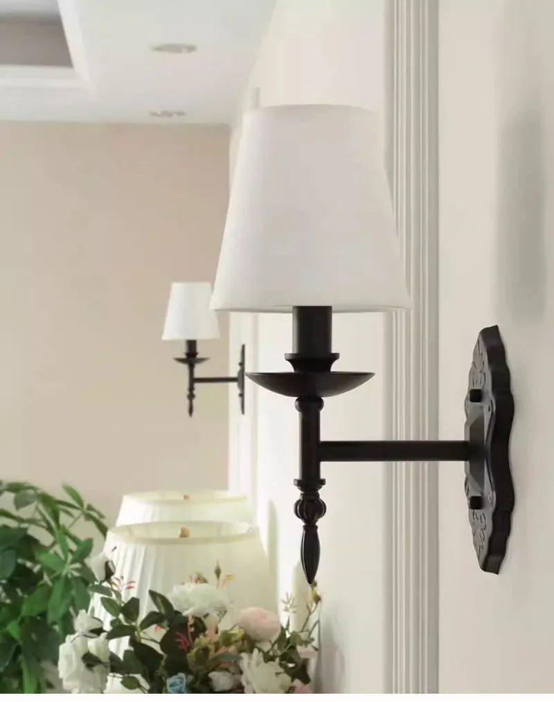 American Black Iron Wall Lamp Retro Living Room Bedroom Bedside Hotel European Countryside Study E14 Fabric Wall Light Sconce