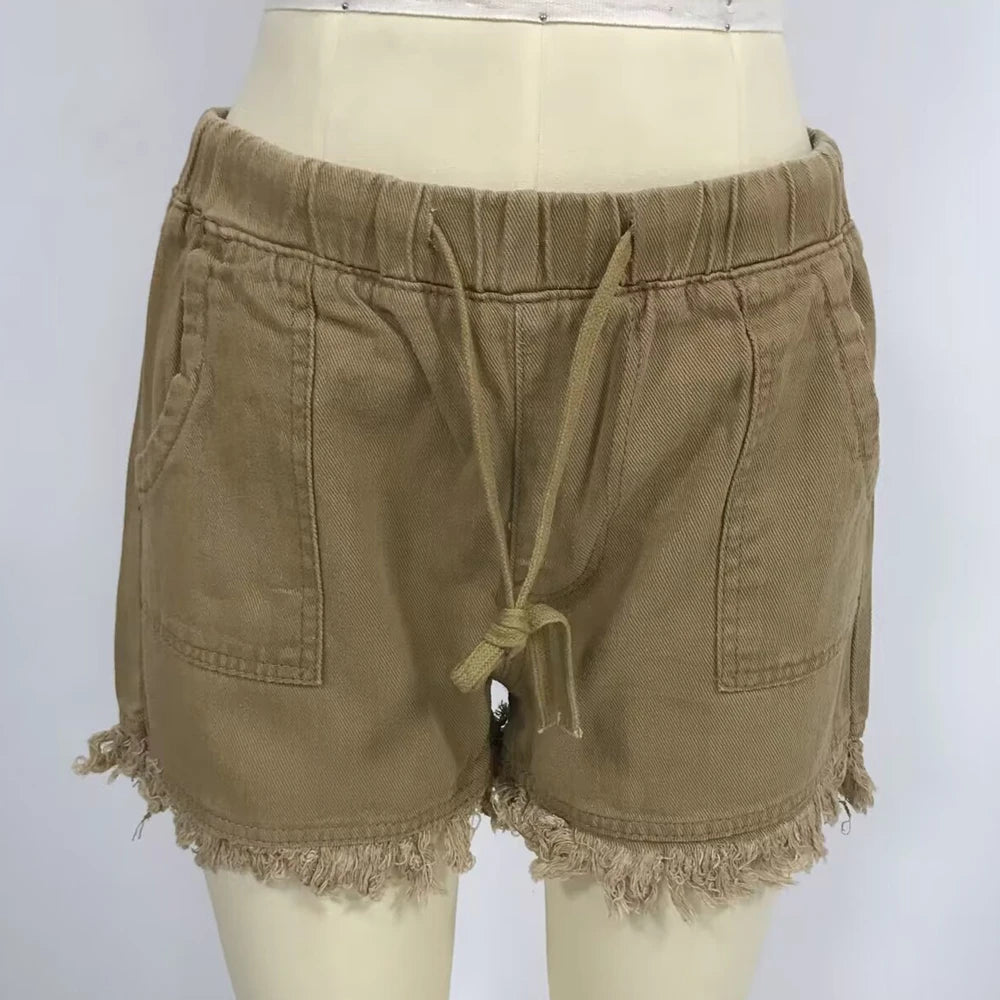 Women’s Denim Shorts Drawstring Elastic Waist Frayed Hem Short Pants Summer Casual Vintage Hottie Girls Loose Jeans with Pockets