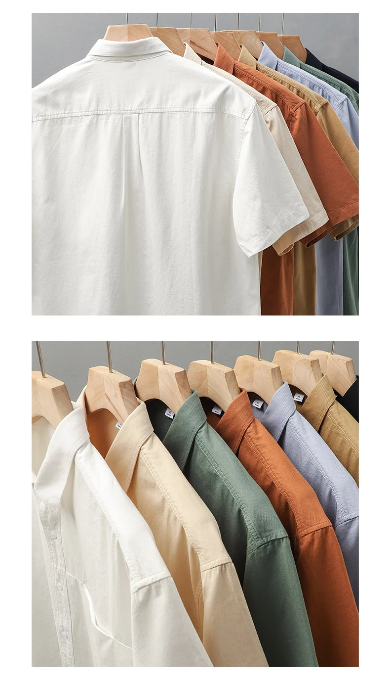 Dukeen Heavyweight Short-Sleeved Shirt Men's Summer Solid Color Lapel Pocket Casual Shirt Cotton White Shirts